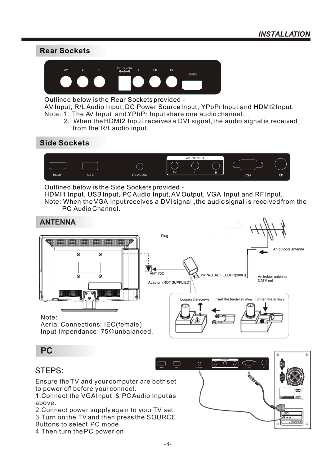 Bush IDLED2401, IDLED2201, IDLED1901 instruction manual Rear Sockets, Side Sockets 