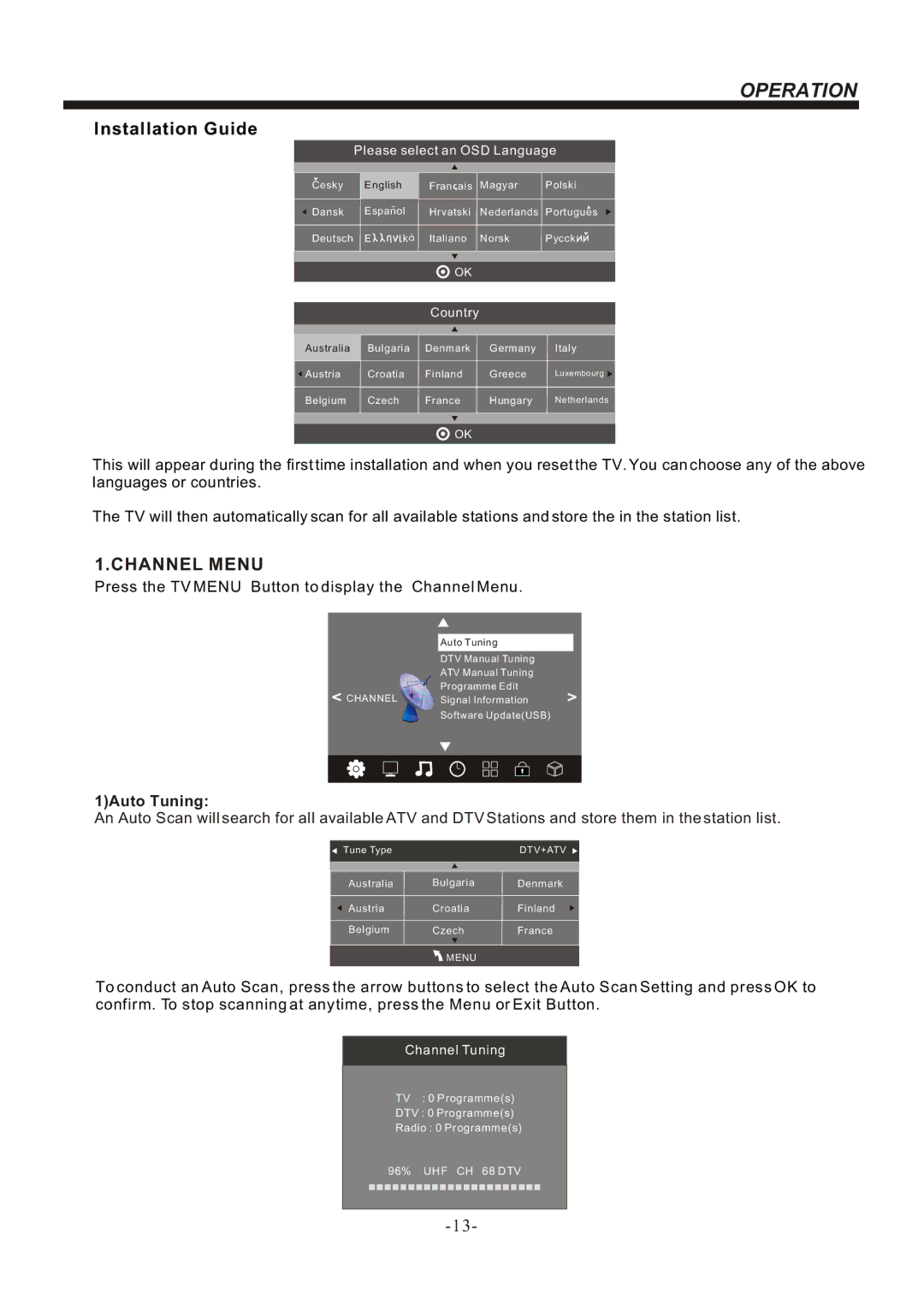 Bush IDLED2402DVD, IDLED2202DVD instruction manual Operation, Installation Guide, Channel Menu 