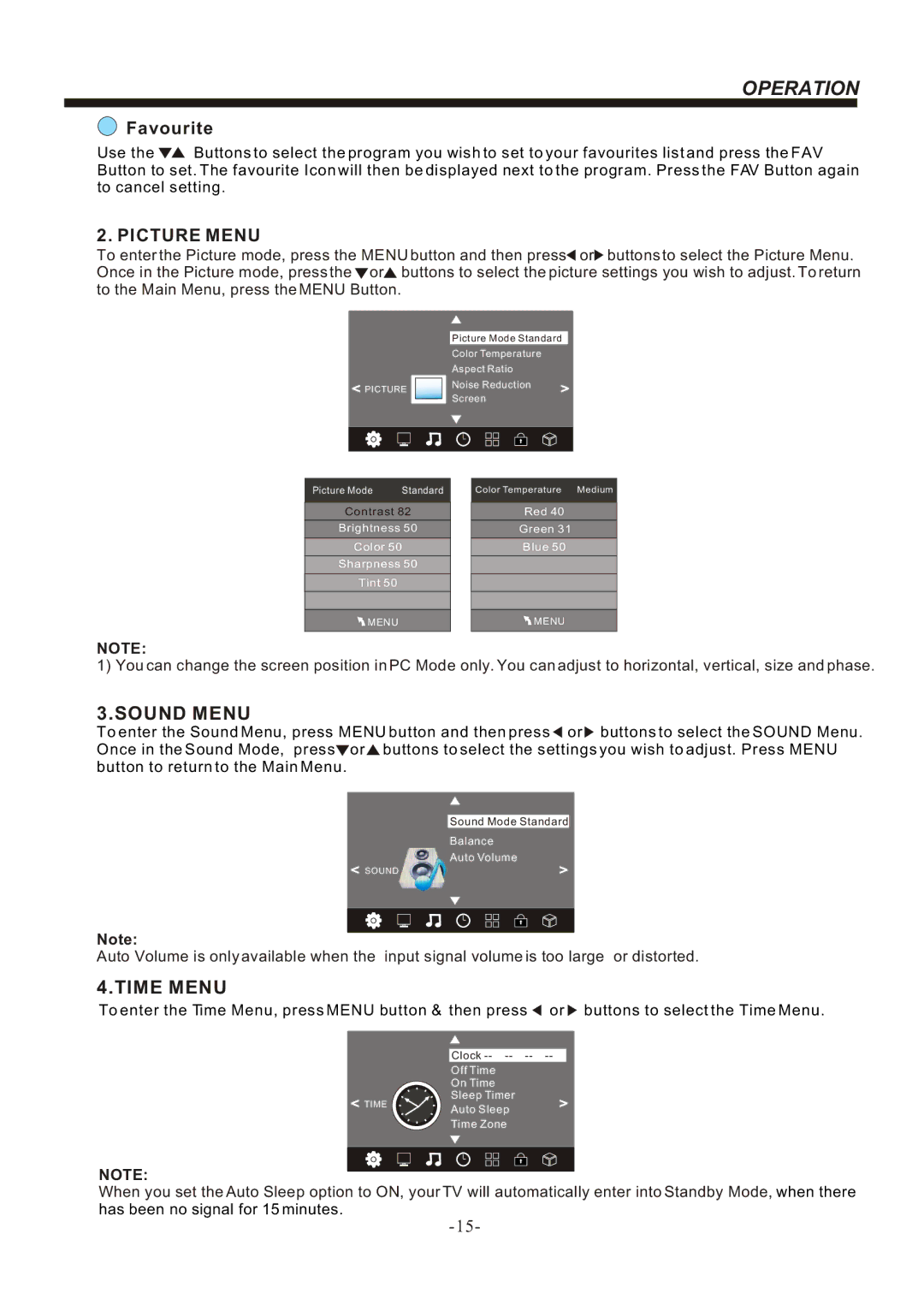 Bush IDLED2402DVD, IDLED2202DVD instruction manual Picture Menu, Sound Menu, Time Menu 