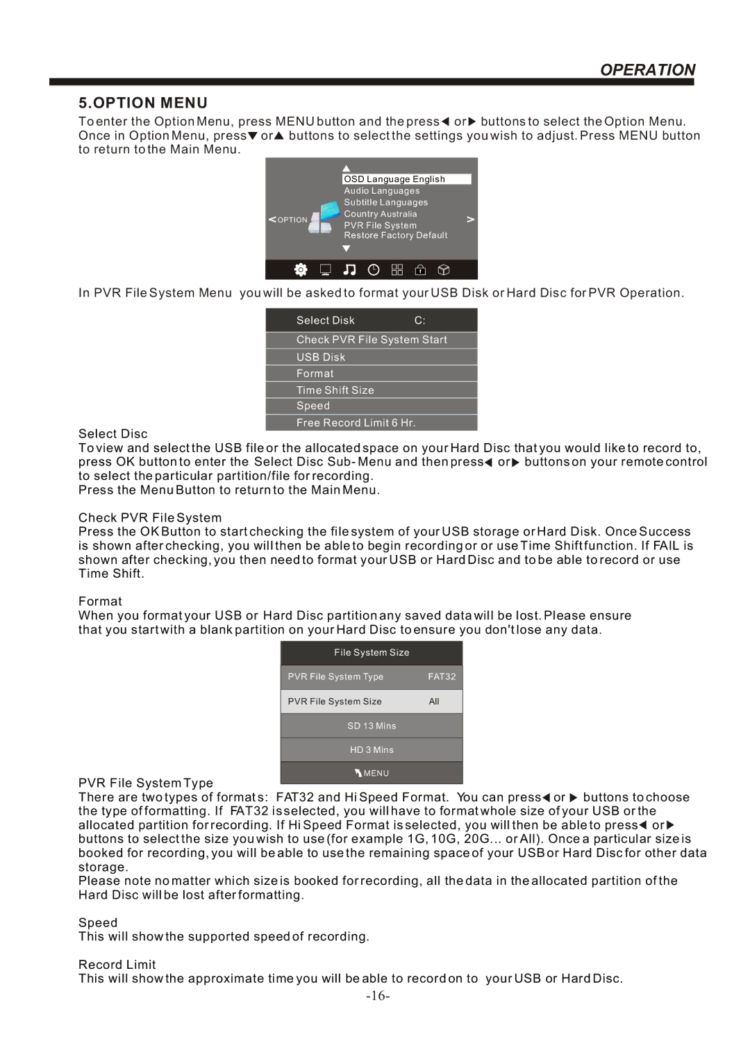 Bush IDLED2202DVD, IDLED2402DVD instruction manual Option Menu, PVR File System Type 