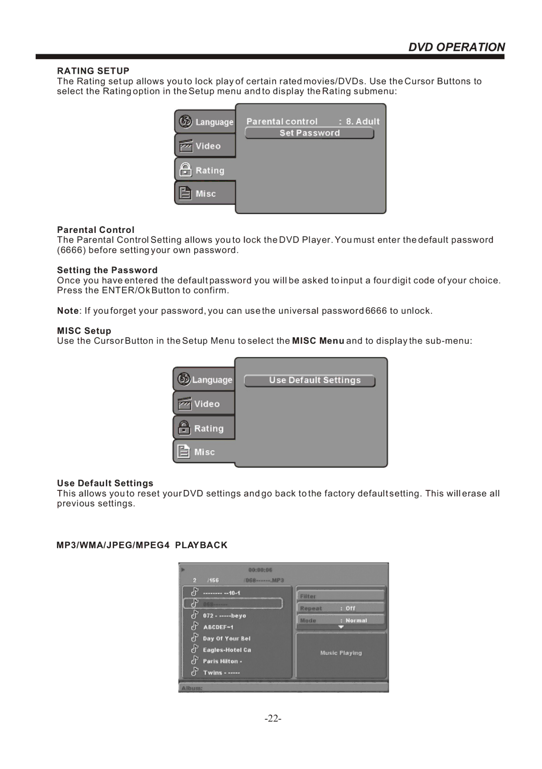 Bush IDLED2202DVD, IDLED2402DVD instruction manual MP3/WMA/JPEG/MPEG4 Playback 