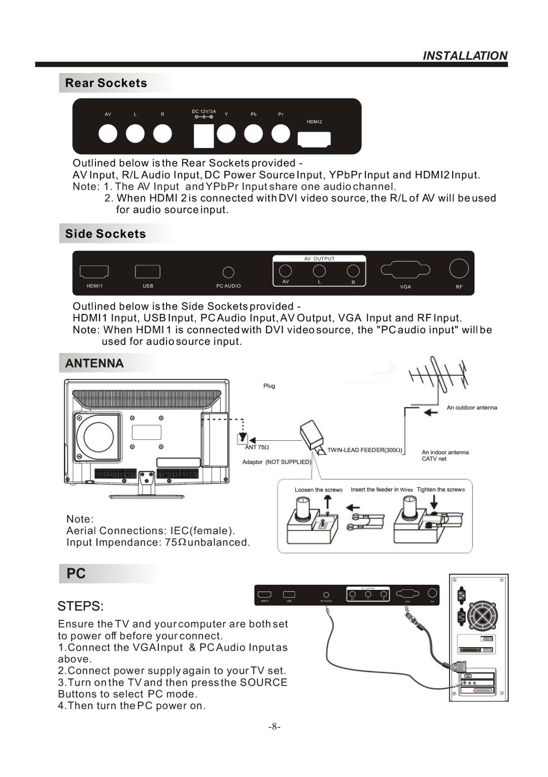 Bush IDLED2202DVD, IDLED2402DVD instruction manual Rear Sockets, Side Sockets 