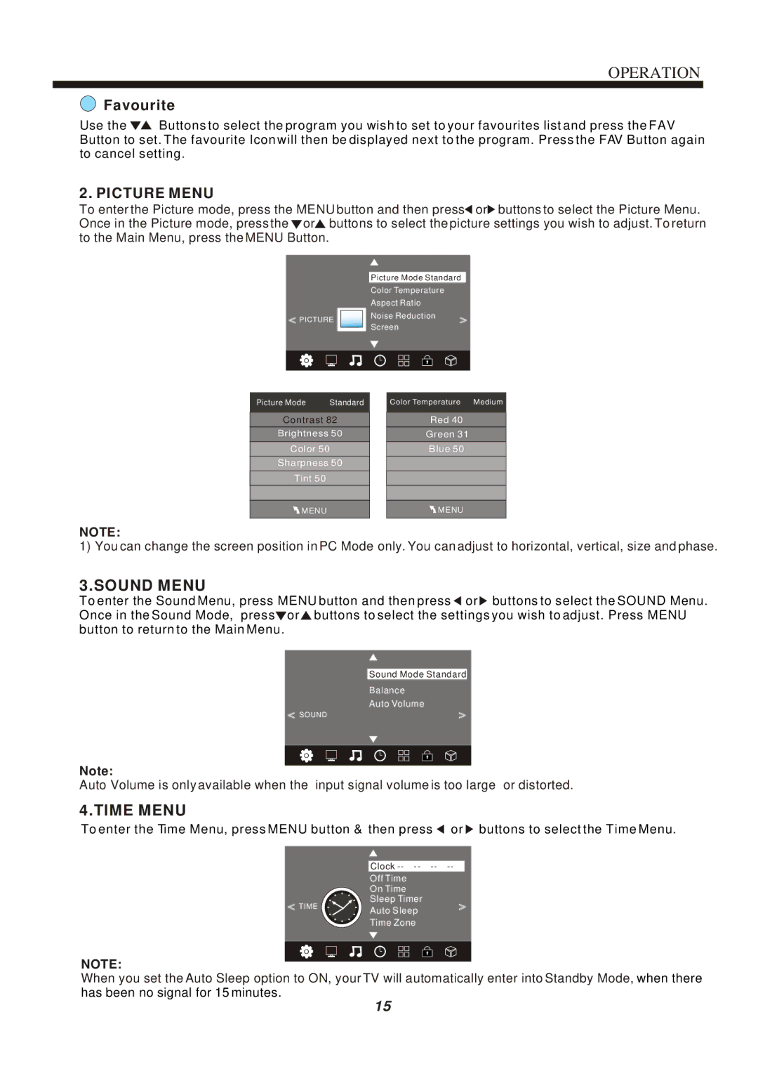 Bush IDLED2402DVD instruction manual Picture Menu, Sound Menu, Time Menu 