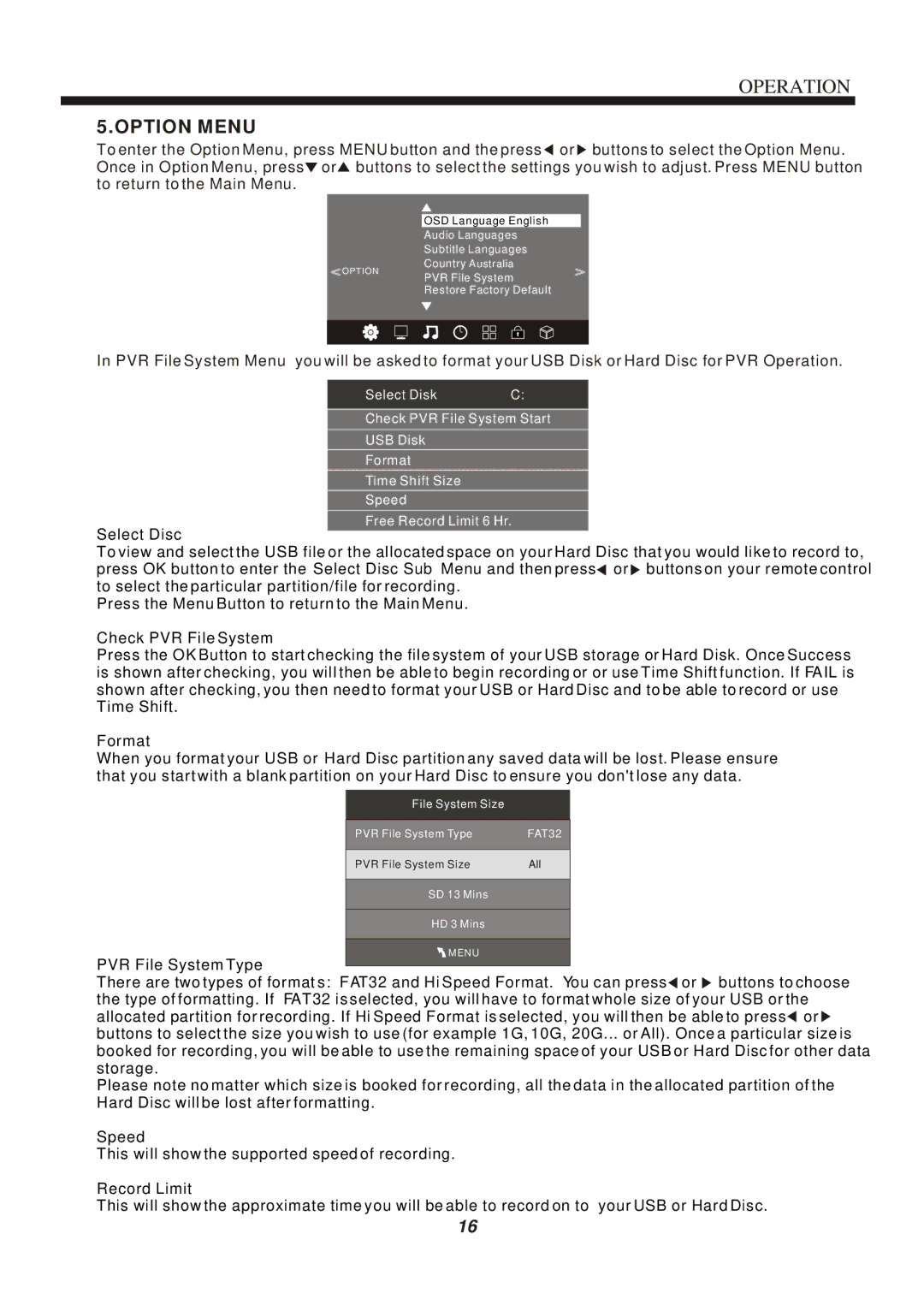 Bush IDLED2402DVD instruction manual Option Menu, PVR File System Type 