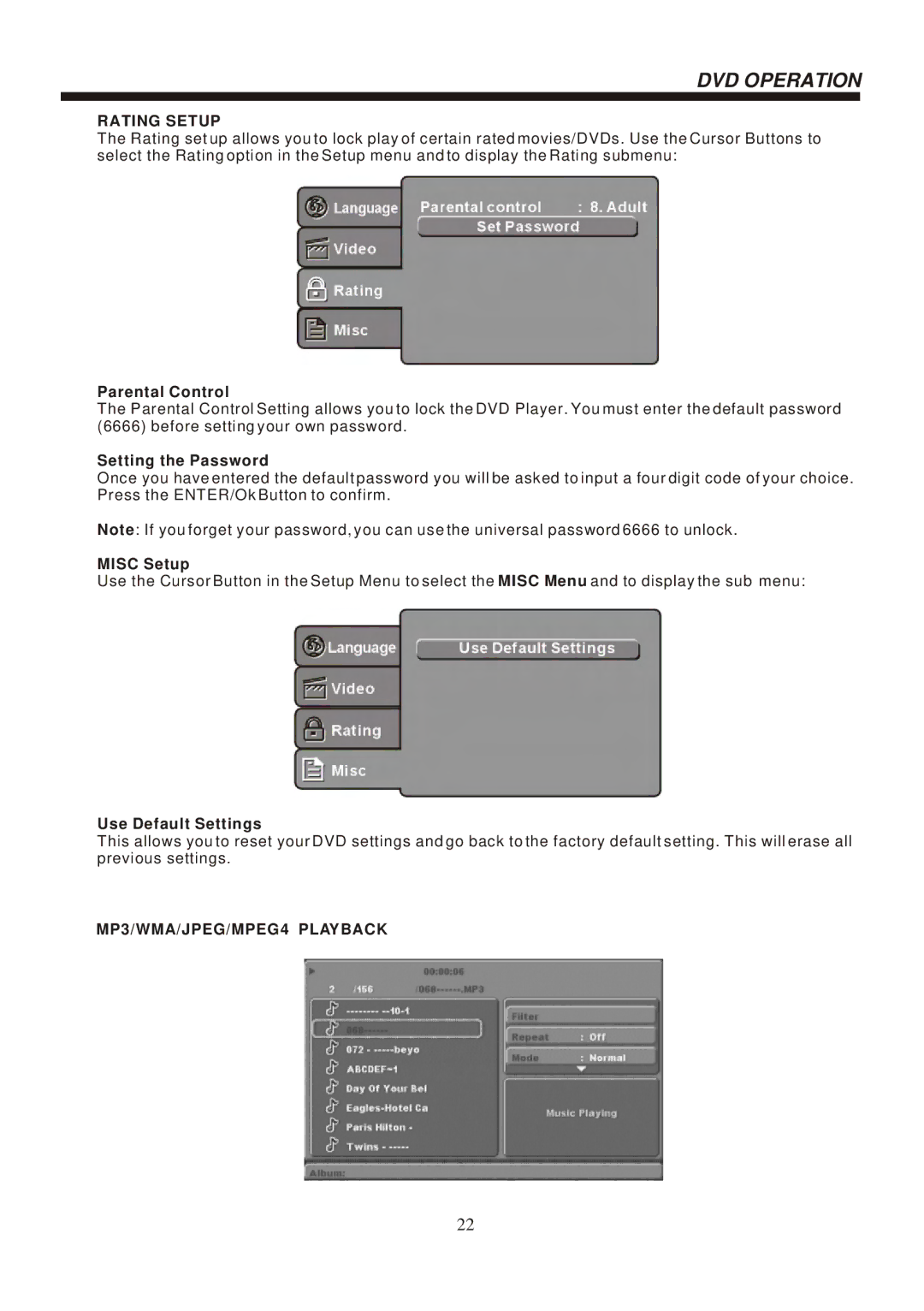 Bush IDLED2402DVD instruction manual MP3/WMA/JPEG/MPEG4 Playback 