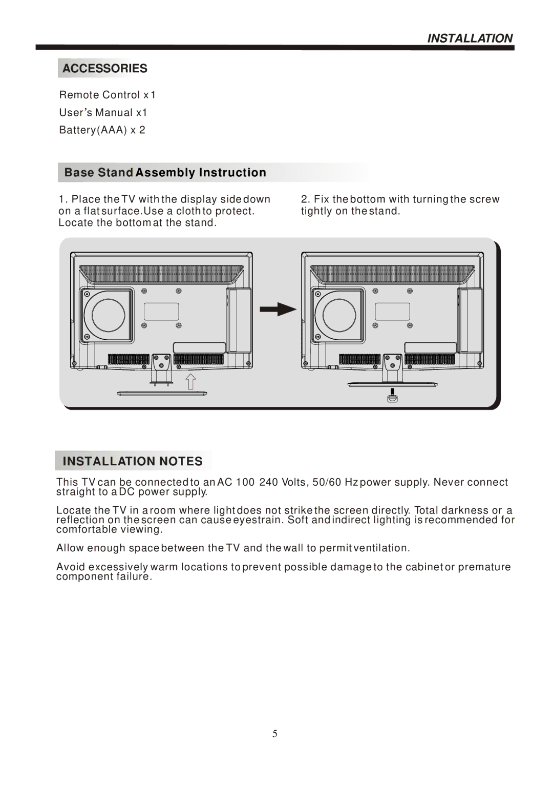 Bush IDLED2402DVD instruction manual Installation, Base Stand Assembly Instruction 