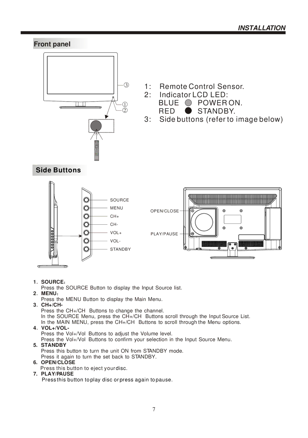 Bush IDLED2402DVD instruction manual Blue Power on RED Standby, Side Buttons 