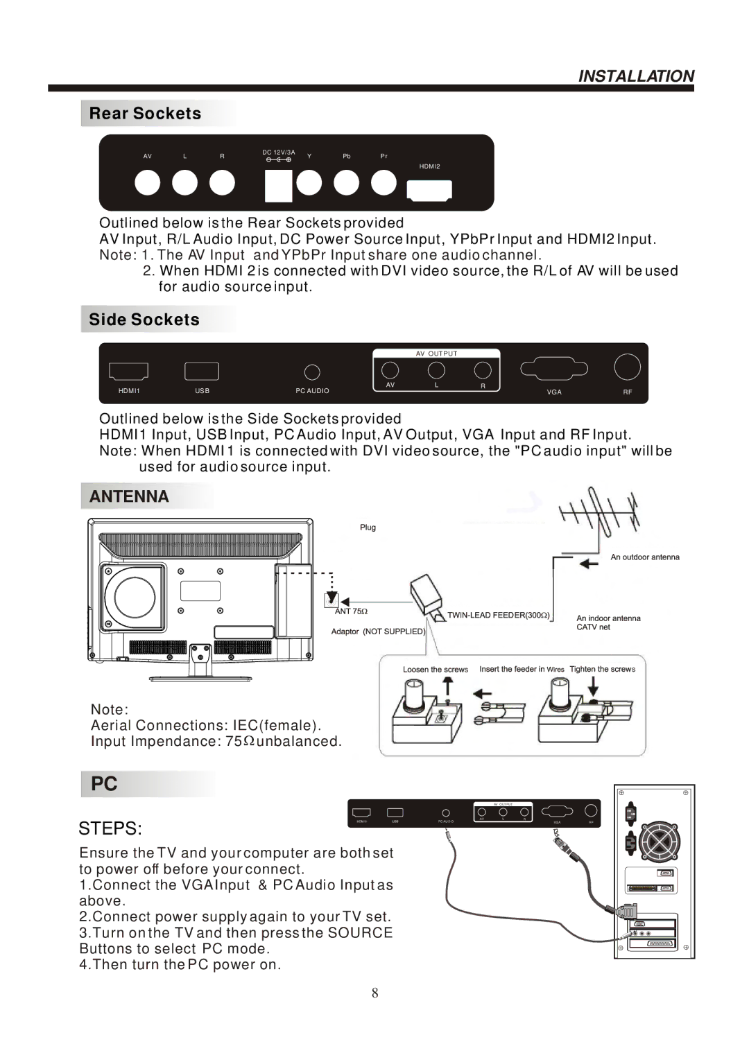 Bush IDLED2402DVD instruction manual Rear Sockets, Side Sockets 