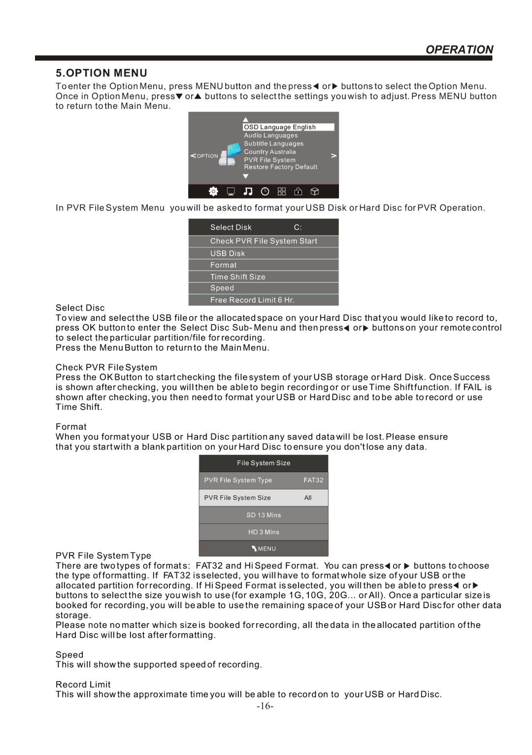 Bush IDLED2601, IDLED3201 instruction manual Option Menu, PVR File System Type 