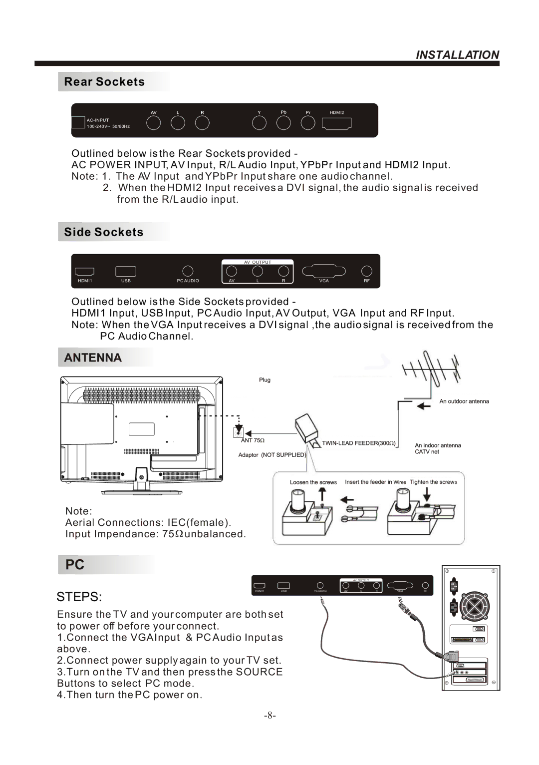 Bush IDLED2601, IDLED3201 instruction manual Rear Sockets, Side Sockets 