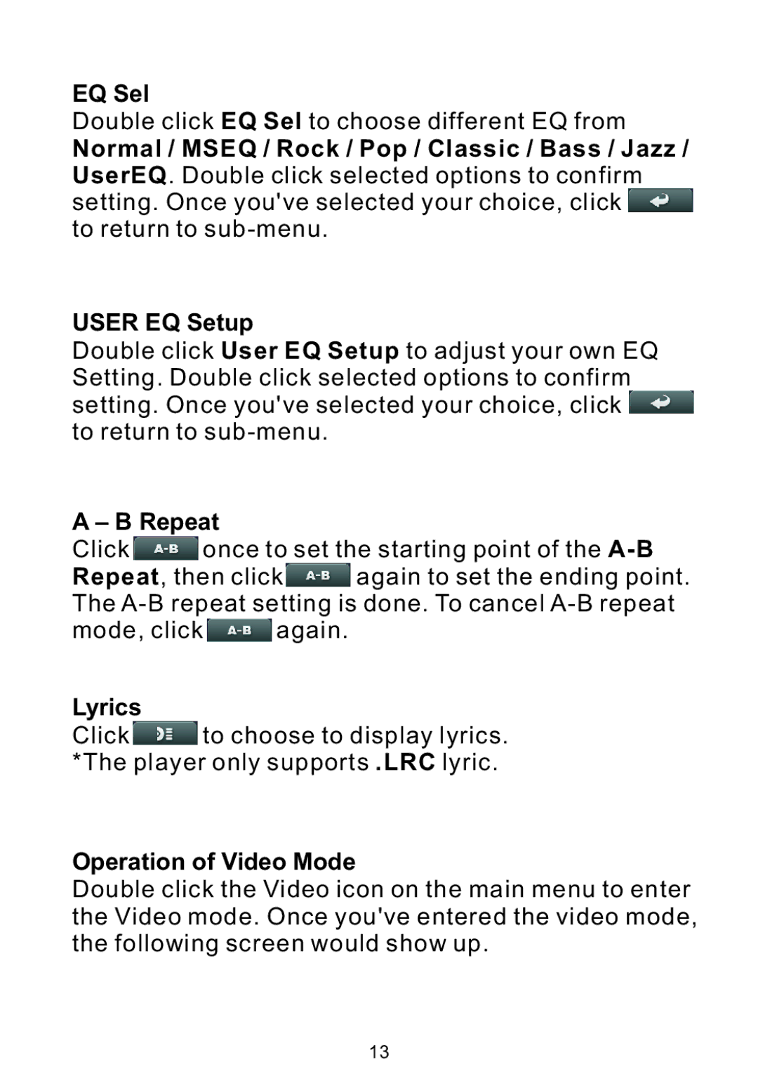 Bush MPK4230BUK user manual EQ Sel, Normal / Mseq / Rock / Pop / Classic / Bass / Jazz, User EQ Setup, Repeat, Lyrics 