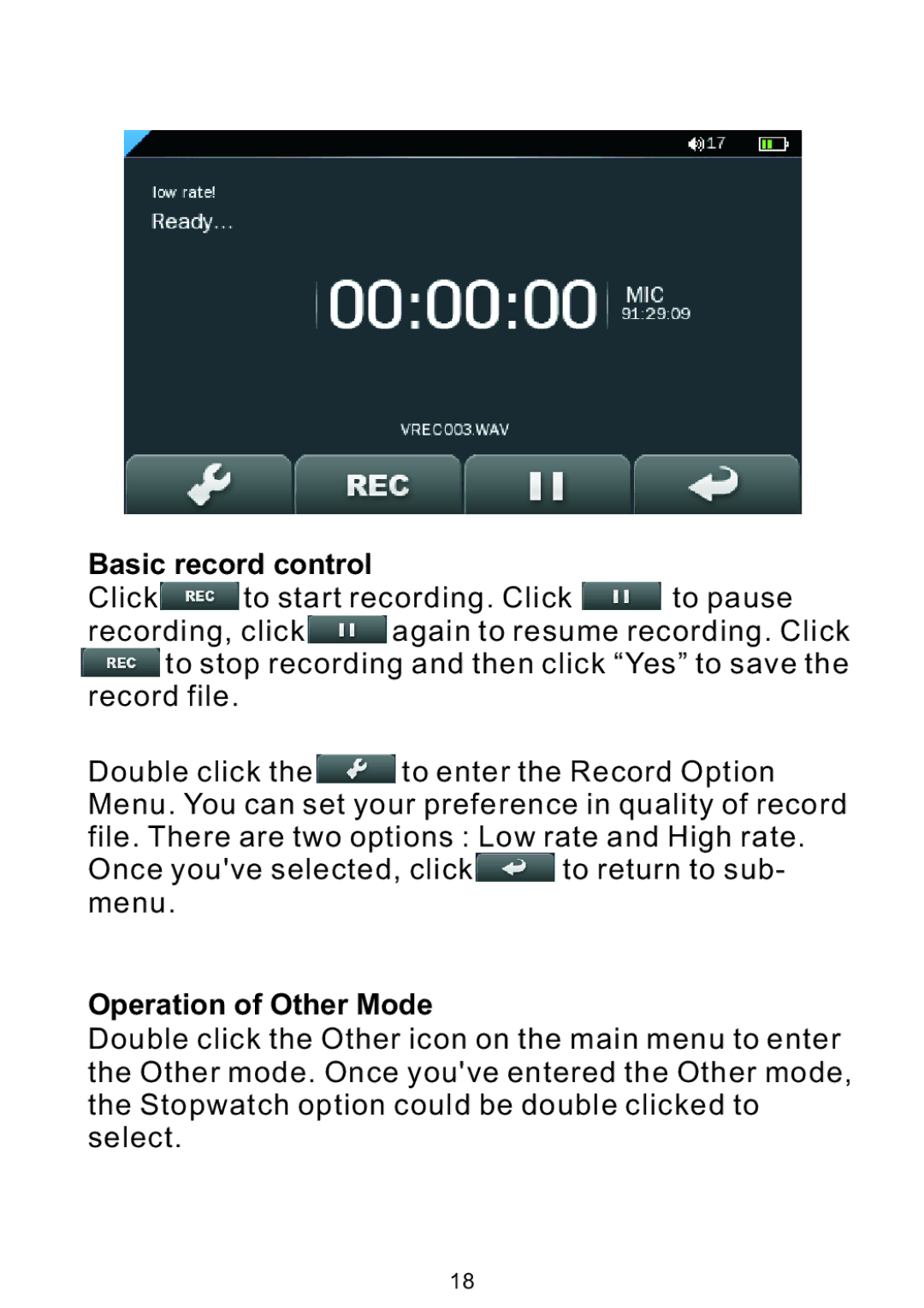 Bush MPK4230BUK user manual Basic record control, Operation of Other Mode 