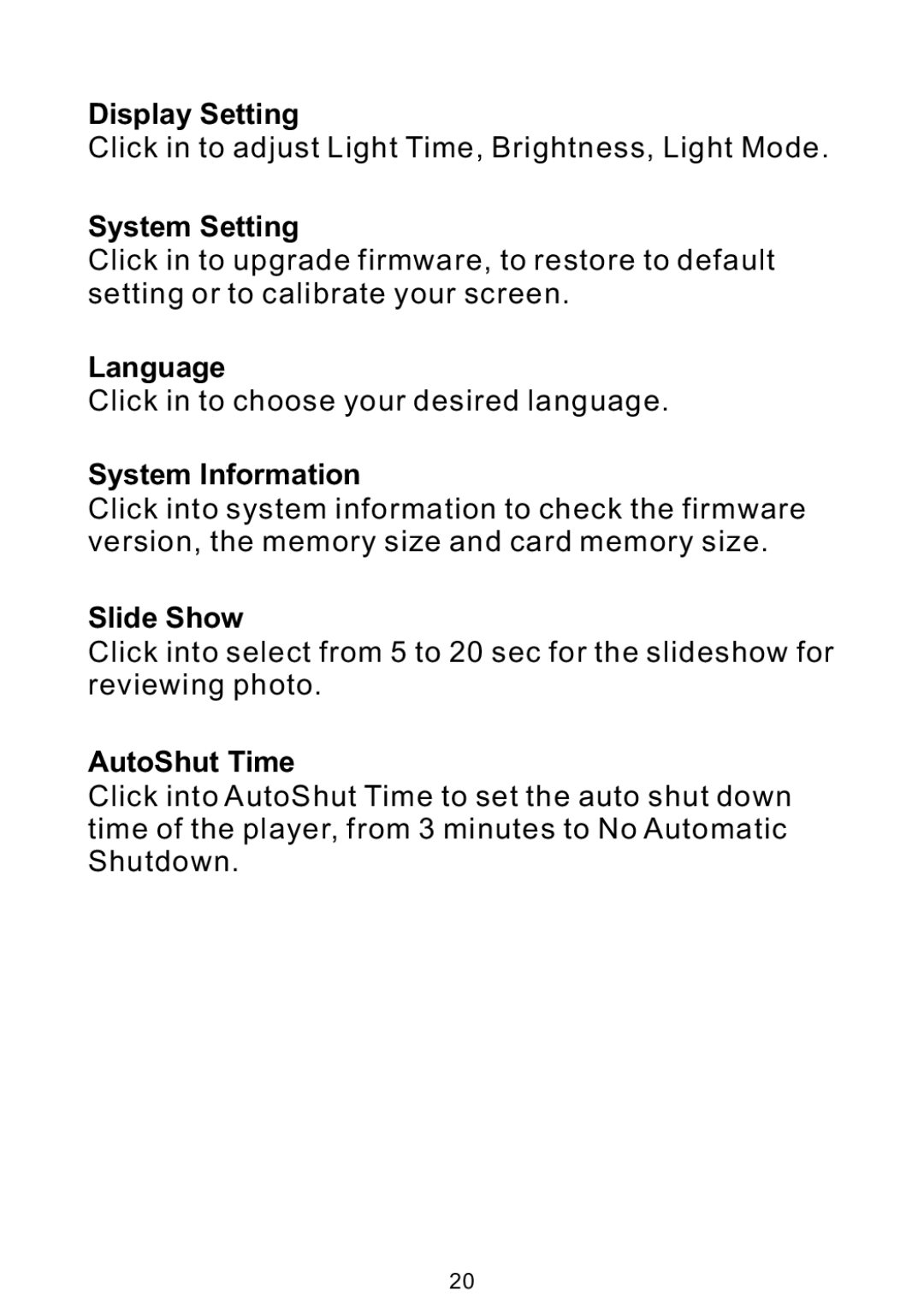 Bush MPK4230BUK user manual Display Setting, System Setting, Language, System Information, Slide Show, AutoShut Time 