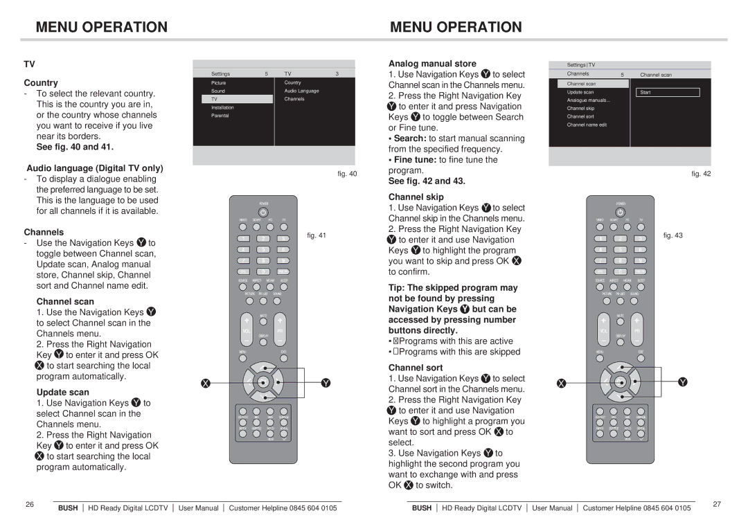 Bush Q41T2201672 1B Country, See Audio language Digital TV only, Channels, Channel scan, Update scan, Analog manual store 