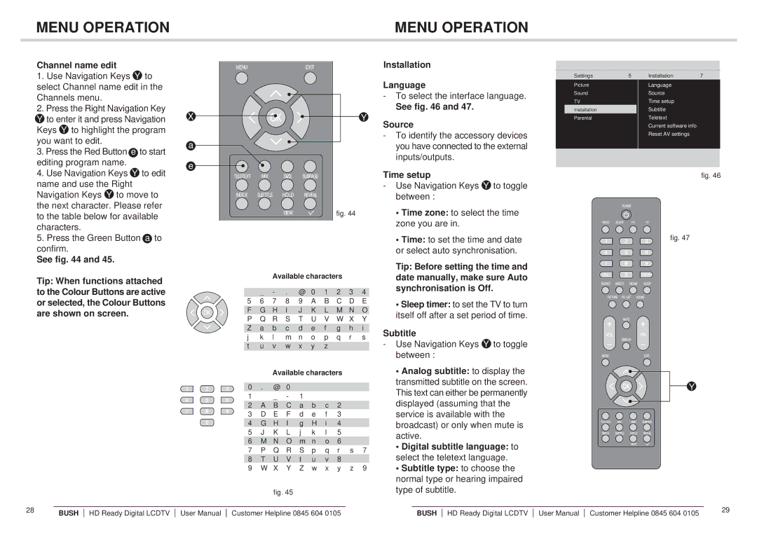 Bush Q41T2201672 1B Channel name edit, Installation Language, See Source, Time setup, Subtitle, Analog subtitle to display 