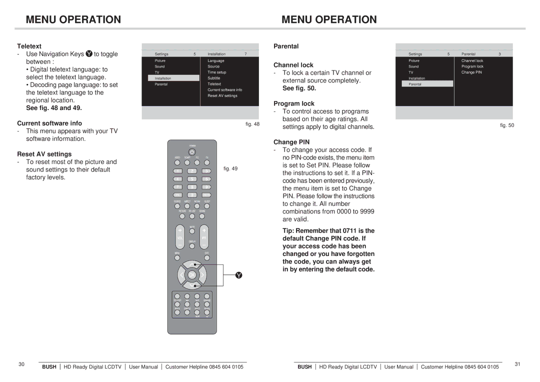 Bush Q41T2201672 1B Teletext, Parental Channel lock, See fig Program lock, Current software info, Reset AV settings 