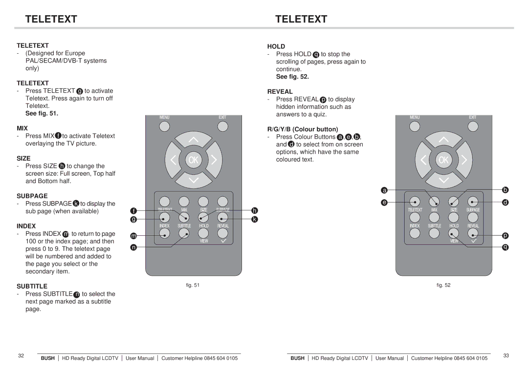 Bush Q41T2201672 1B instruction manual Teletext 