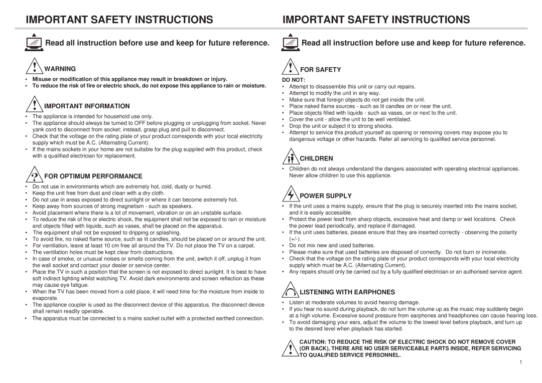 Bush Q41T2201672 1B instruction manual Important Safety Instructions 