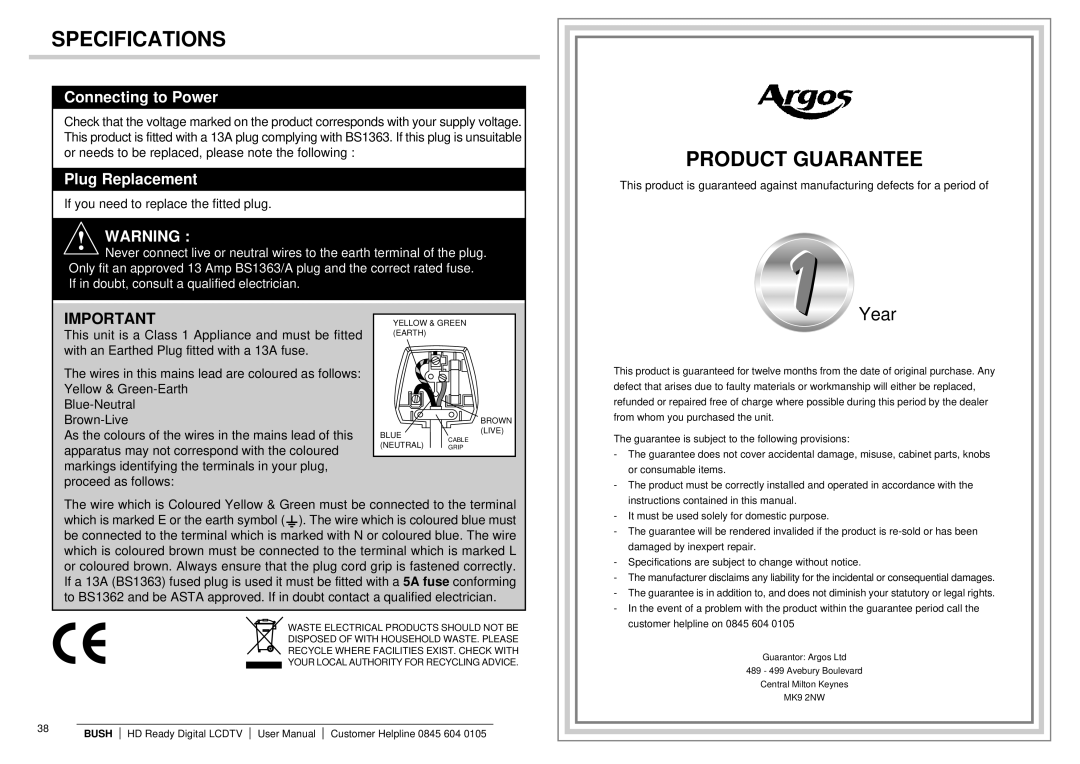 Bush Q41T2201672 1B instruction manual Product Guarantee, If you need to replace the fitted plug 