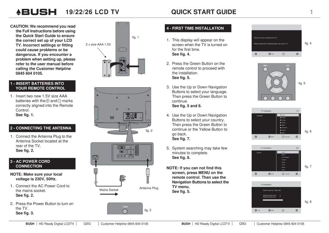 Bush Q41T2201672 1B instruction manual Quick Start Guide, Voltage is 230V, 50Hz, TV menu. See fig 