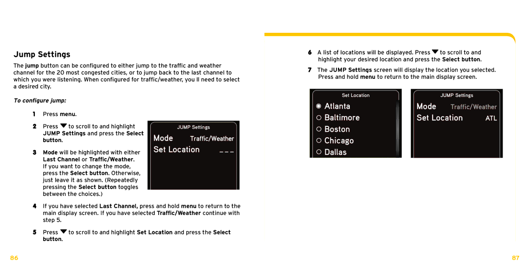 Bush XDNX1V1KC manual Jump Settings, Atlanta Mode, Baltimore Set Location, Chicago Dallas, To configure jump 