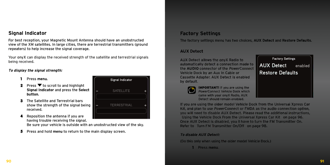 Bush XDNX1V1KC manual Signal Indicator, Factory Settings, AUX Detect, Restore Defaults 