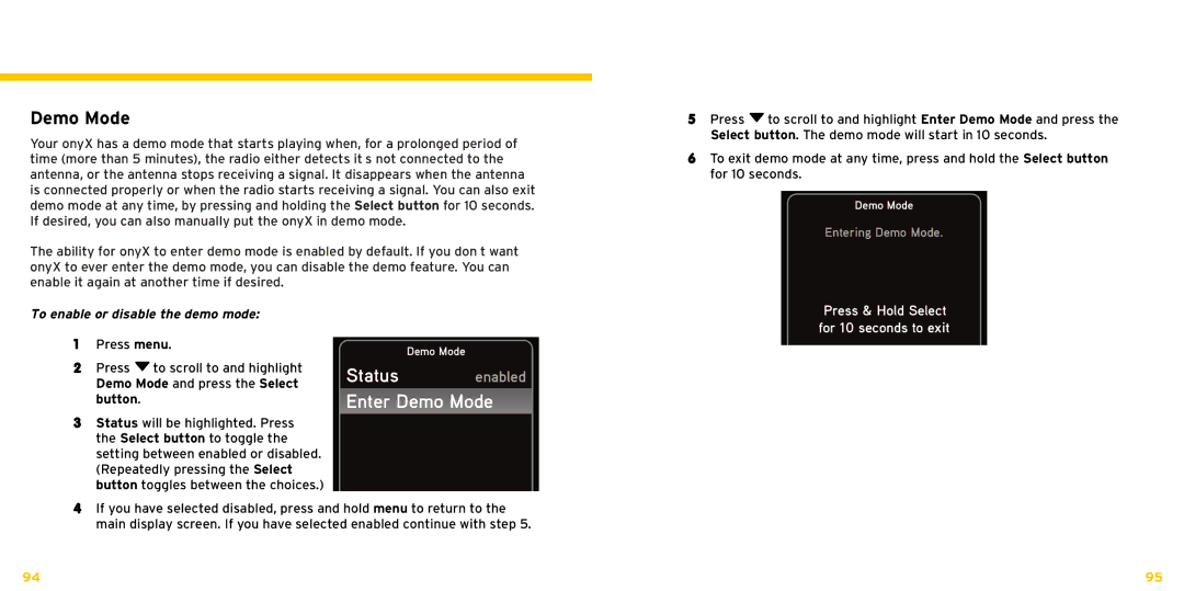 Bush XDNX1V1KC manual Status enabled Enter Demo Mode, To enable or disable the demo mode 