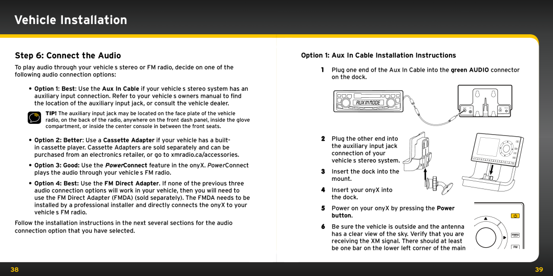 Bush XDNX1V1KC manual Connect the Audio, Option 1 Aux In Cable Installation Instructions, Vehicle Installation 