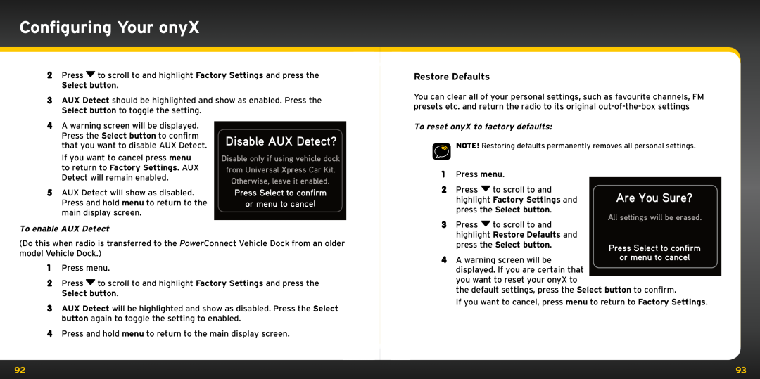 Bush XDNX1V1KC manual Disable AUX Detect?, Are You Sure?, Restore Defaults, Press Select to confirm or menu to cancel 