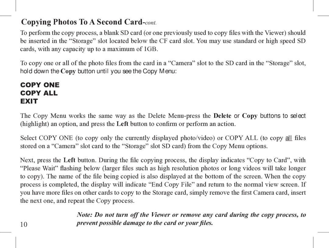 Bushnell 1-Nov instruction manual Copying Photos To a Second Card-cont, Copy ONE Copy ALL Exit 