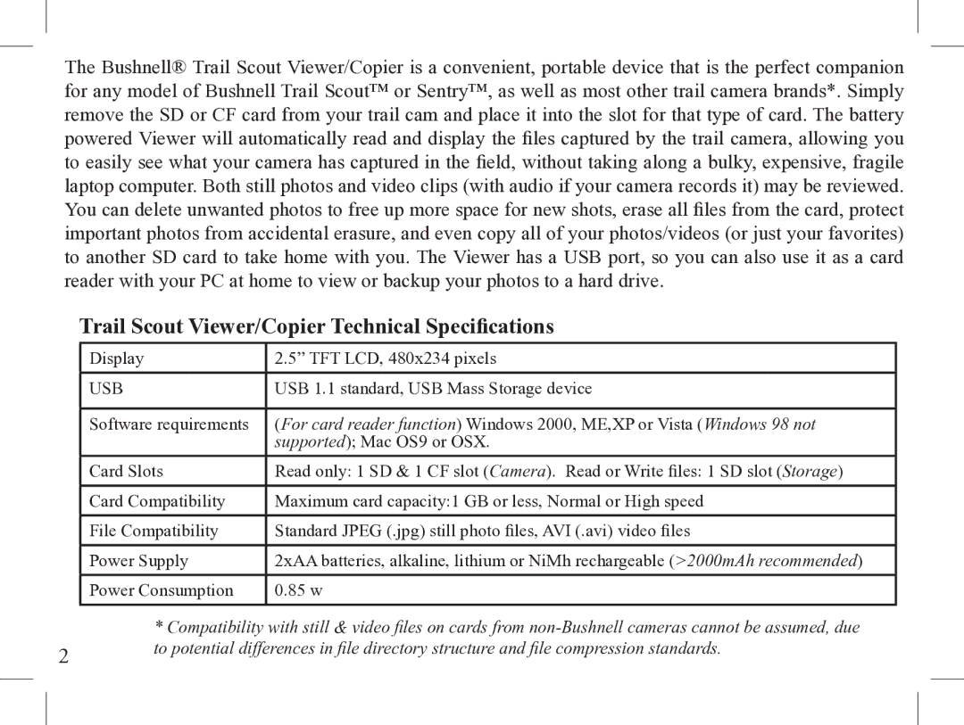 Bushnell 1-Nov instruction manual Trail Scout Viewer/Copier Technical Specifications 