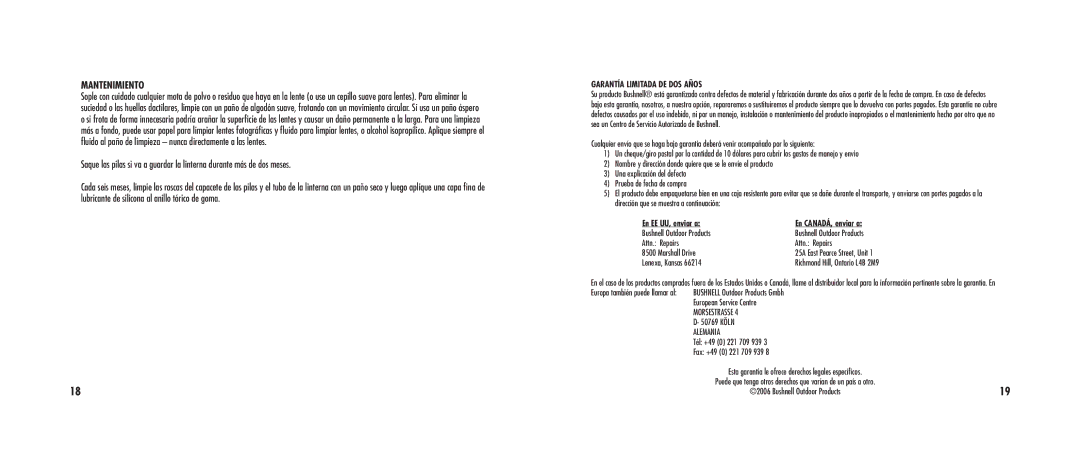 Bushnell 10-0090, 10-0100, 10-0200, 10-0300 manual Mantenimiento, Garantía Limitada DE DOS Años 