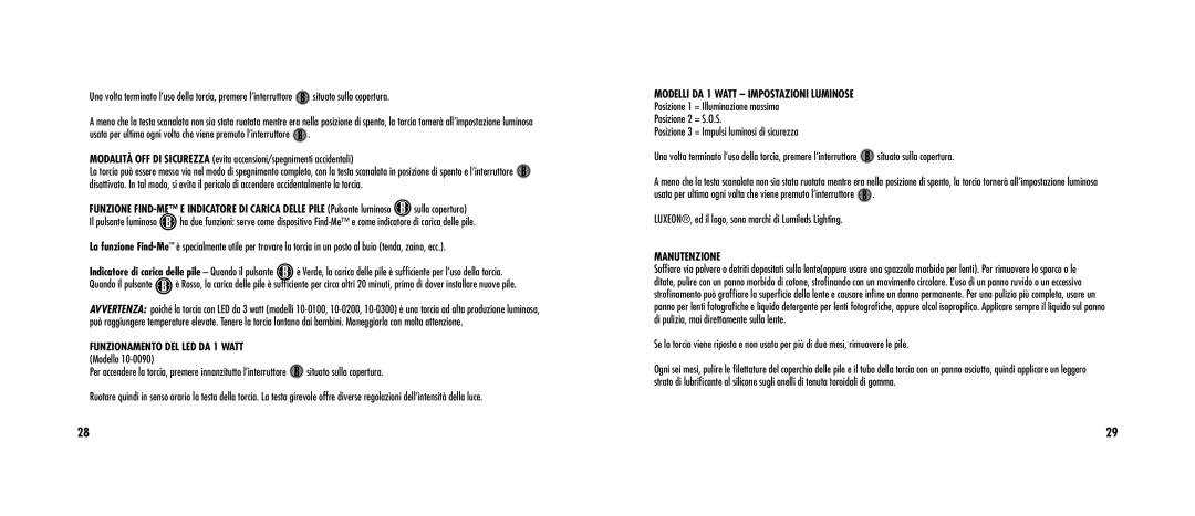 Bushnell 10-0100, 10-0200 Funzionamento del LED da 1 watt Modello, Modelli da 1 Watt Impostazioni luminose, Manutenzione 