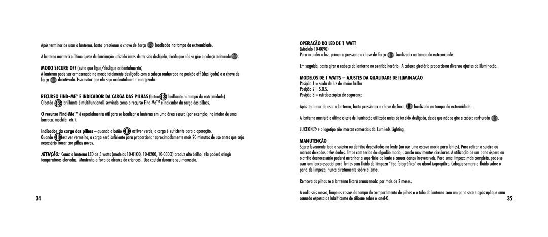 Bushnell 10-0090 manual Operação do LED de 1 watt Modelo, Modelos de 1 watts ajustes da qualidade de iluminação, Manutenção 