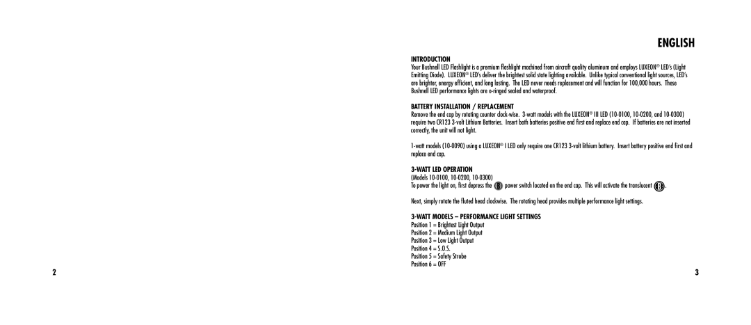 Bushnell 10-0090, 10-0300 Introduction, Battery Installation / Replacement, Watt LED Operation, Models 10-0100, 10-0200 