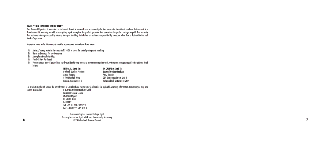 Bushnell 10-0200, 10-0100, 10-0300, 10-0090 manual TWO-Year Limited Warranty, U.S.A. Send To Canada Send To 