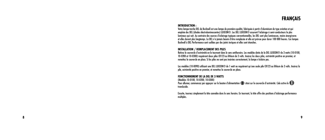 Bushnell 10-0300, 10-0100, 10-0200, 10-0090 manual Français, Installation / remplacement des piles 