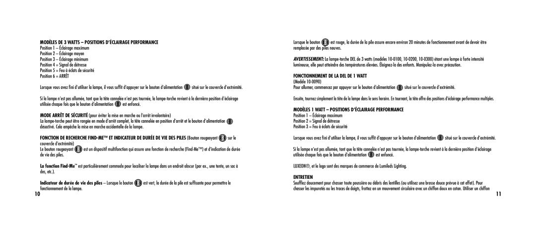 Bushnell 10-0090, 10-0100 Modèles de 3 watts Positions d’éclairage Performance, Fonctionnement de la DEL de 1 watt Modèle 