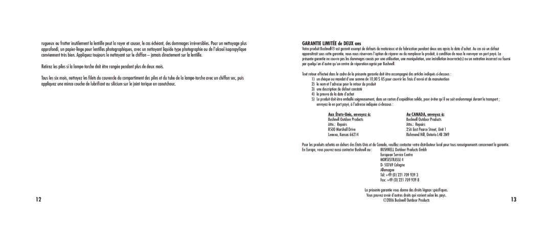 Bushnell 10-0100, 10-0200, 10-0300, 10-0090 manual Garantie Limitée de Deux ans, Marshall Drive Lenexa, Kansas 