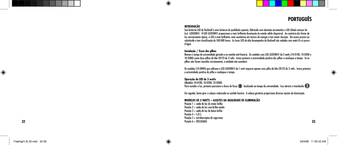 Bushnell 10-0300, 10-0100, 10-0200, 10-0090 manual Português, Introdução, Instalação / Troca das pilhas 