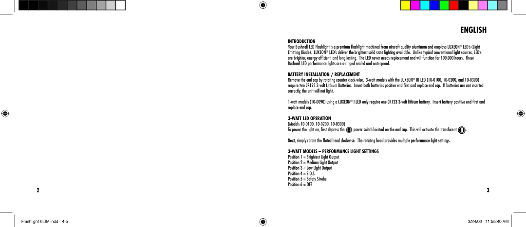 Bushnell 10-0090, 10-0300 Introduction, Battery Installation / Replacement, Watt LED Operation, Models 10-0100, 10-0200 