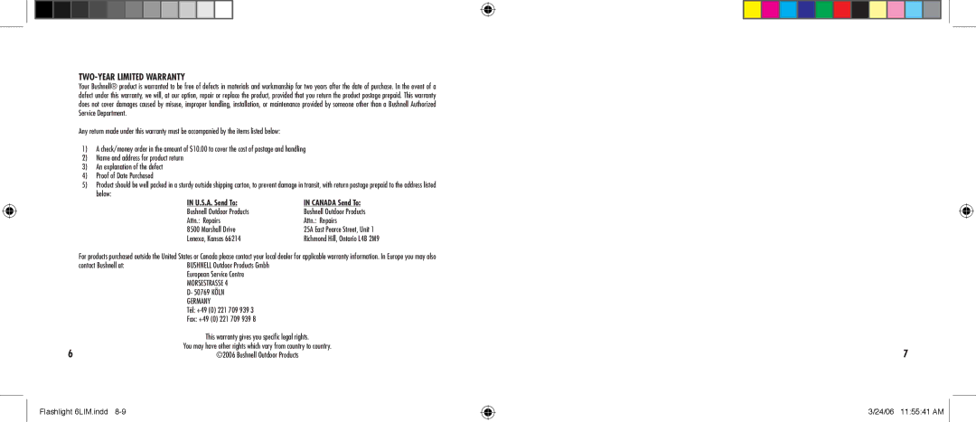 Bushnell 10-0200, 10-0100, 10-0300, 10-0090 manual TWO-Year Limited Warranty, U.S.A. Send To Canada Send To 