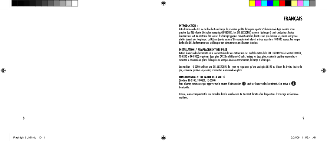 Bushnell 10-0300, 10-0100, 10-0200, 10-0090 manual Français, Installation / remplacement des piles 