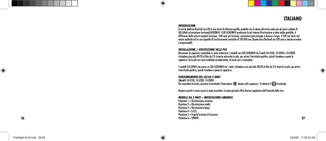 Bushnell 10-0090, 10-0100, 10-0200, 10-0300 manual Italiano, Introduzione, Installazione / Sostituzione delle pile 