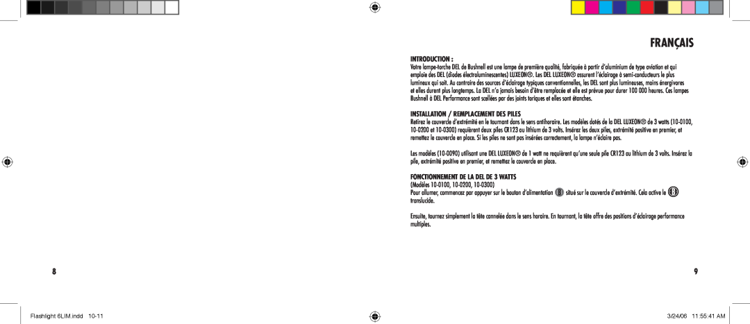 Bushnell 10-0300, 10-0100, 10-0200, 10-0090 manual Français, Installation / remplacement des piles, Introduction 