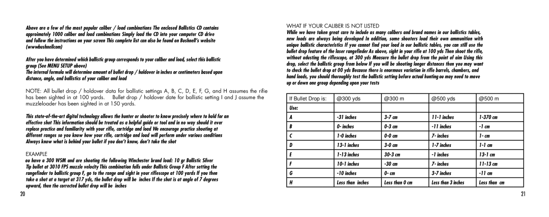 Bushnell 1000 manual Example, What if your caliber is not listed? 