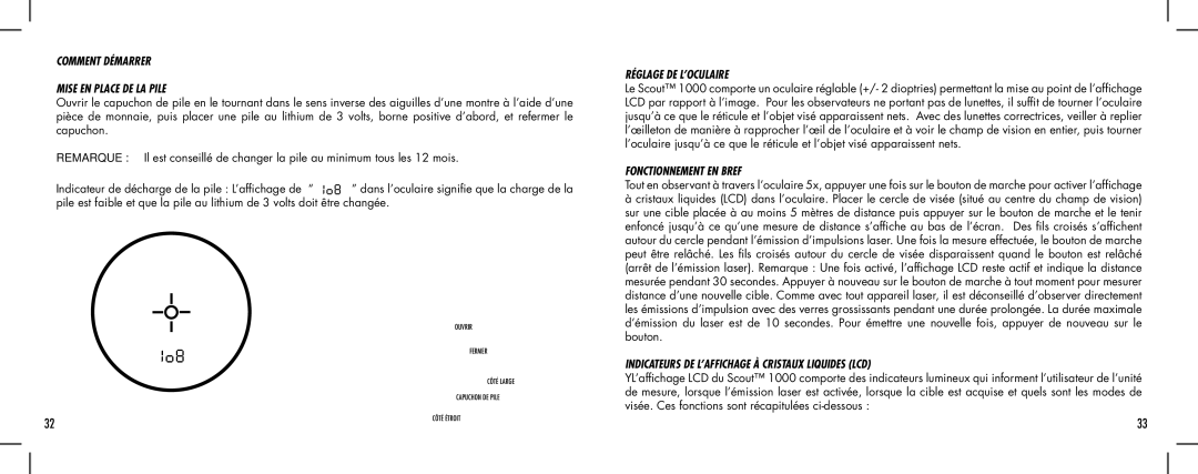 Bushnell 1000 manual Comment Démarrer Mise EN Place DE LA Pile, Réglage DE L’OCULAIRE, Fonctionnement EN Bref 