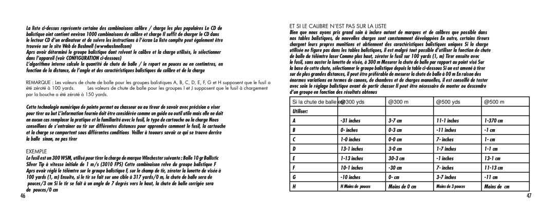 Bushnell 1000 manual Exemple, Et si le calibre n’est pas sur la liste ? 