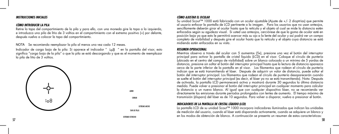 Bushnell 1000 manual Instrucciones Iniciales Cómo Introducir LA Pila, Cómo Ajustar EL Ocular, Resumen Operacional 