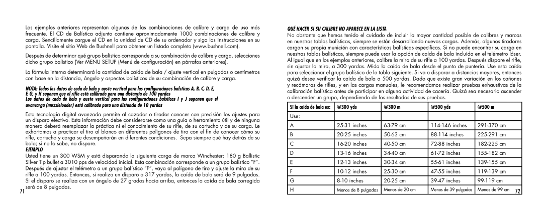 Bushnell 1000 manual Ejemplo, ¿Qué hacer si su calibre no aparece en la lista? 